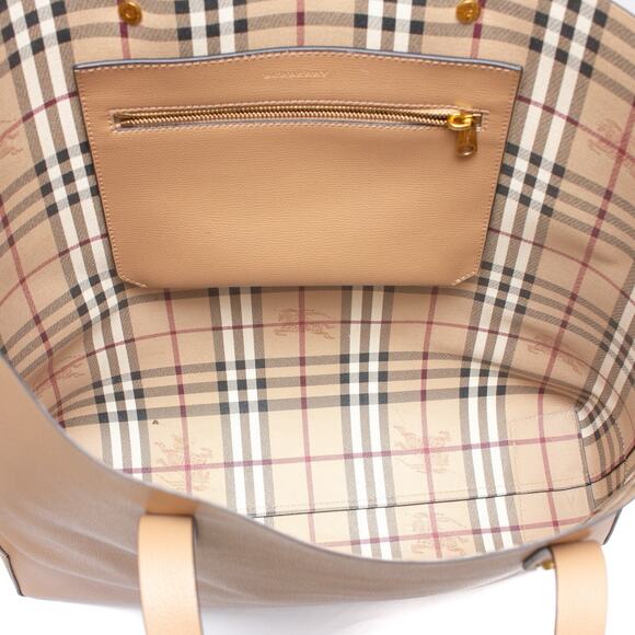 1.8k$ Burberry Light Camel XL Grainy Leather Haymarket Check Tote Purse Bag - Picture 10 of 16
